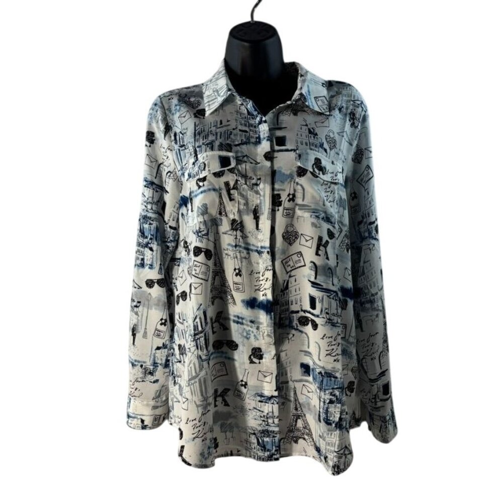 Karl Lagerfeld Paris Womens Graphic Print Long Sleeve Button-Down Shirt M 100% P - Picture 1 of 13